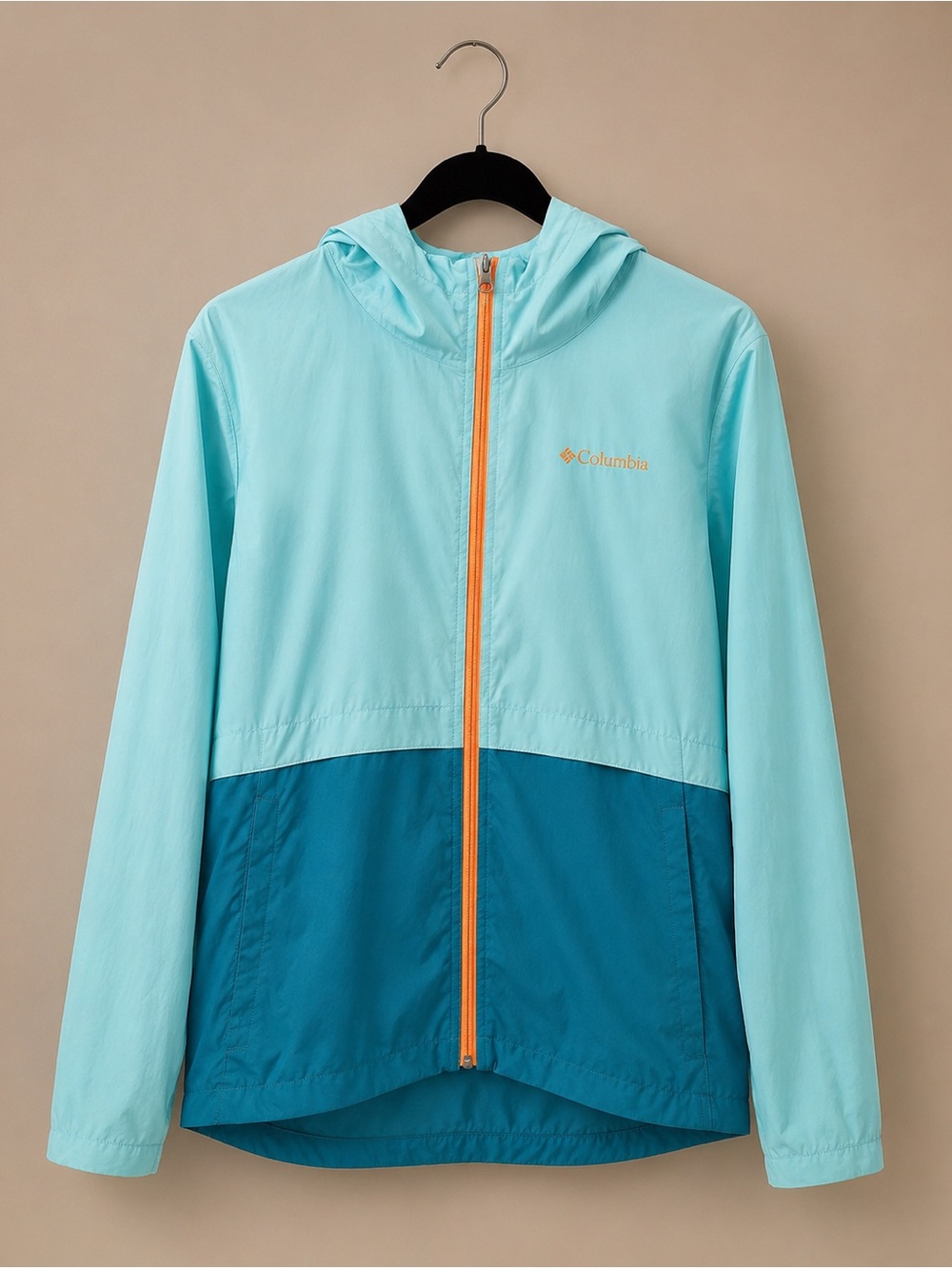 Columbia Kids Two-Tone Hooded Rain Jacket - Light Aqua & Teal with Orange Zip